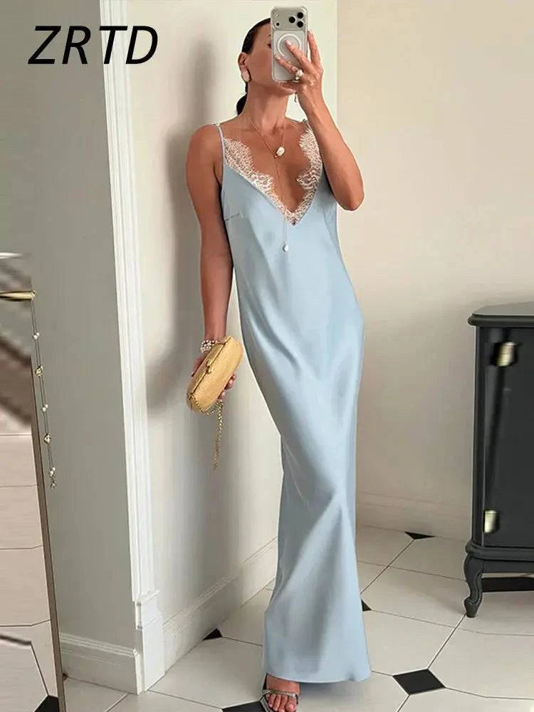 Elegant lace and satin spliced women's summer sundress with V-neck, sleeveless, backless design, perfect for beach parties and casual wear.