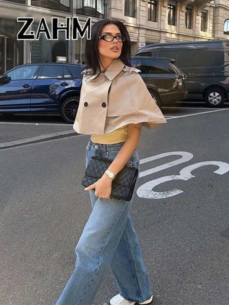 Casual solid women's coat with turn-down collar, double buttons, street style crop top by SHOPEZRA L.L.C. for spring summer fashion.