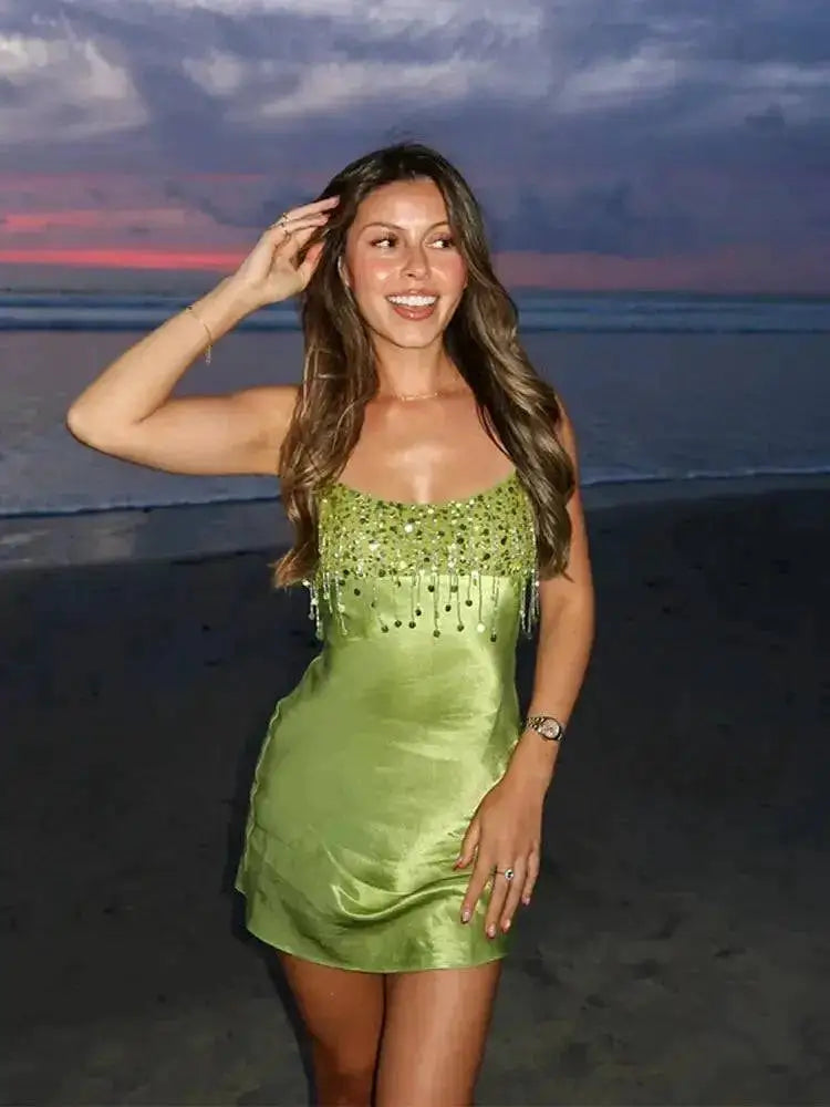 Fashion Sequin Fringe Mini Dress Sexy Spaghetti Strap Satin Slip Dresses Cocktail Party Club Vestido 2026 New Y2k Women Clothing by Dropshipman