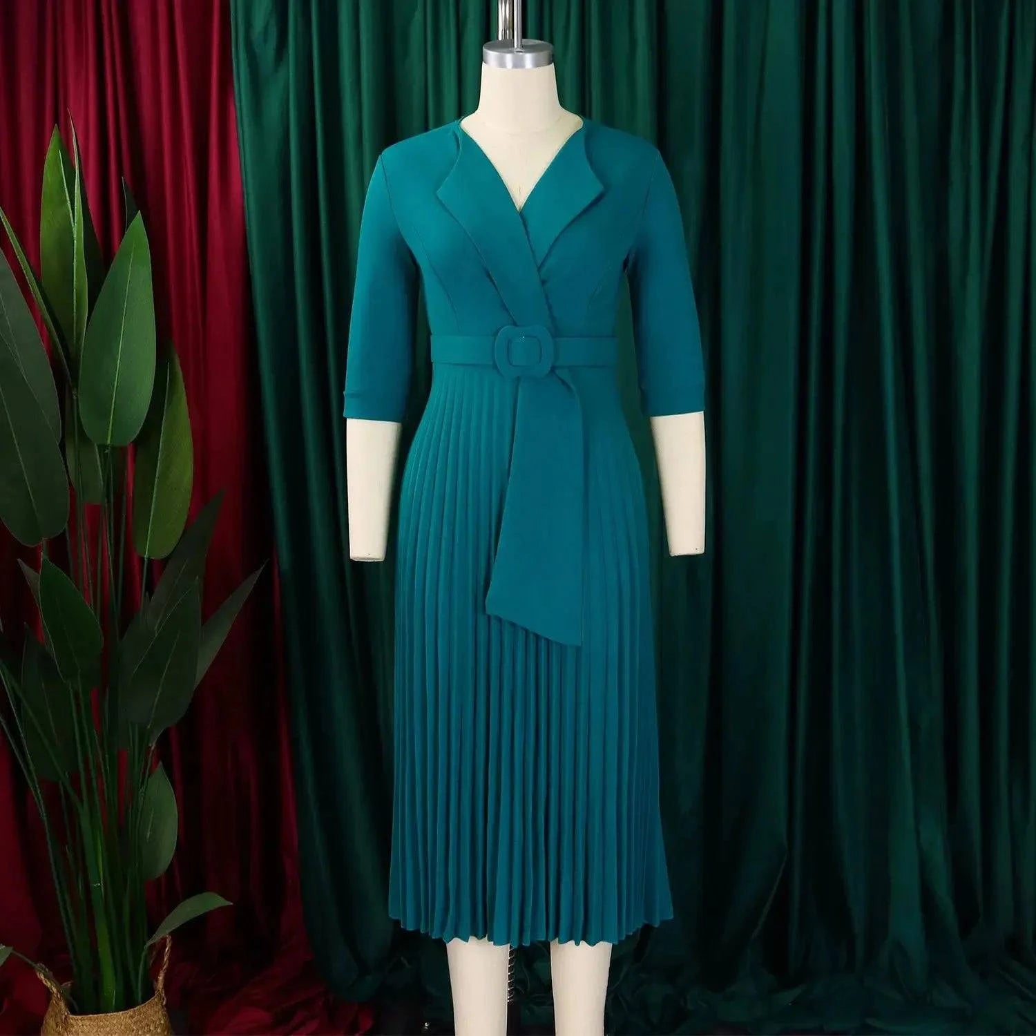 Elegant 2024 autumn office dress for women with notched collar, half sleeves, belt, and mid-calf length in a stylish birthday party look.