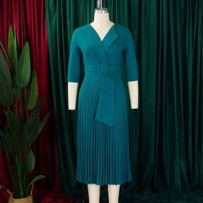 Elegant Office Ladies Dresses 2024 Autumn Fall Notched Collar Half Sleeve Belt Waisted Mid Calf Female Birthday Party Dress Midi by Dropshipman