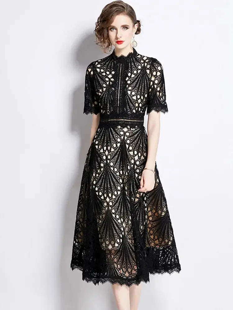 SMTHMA Vintage High-End O-Neck Short Sleeve Lace Hollow Out Dress For Women&