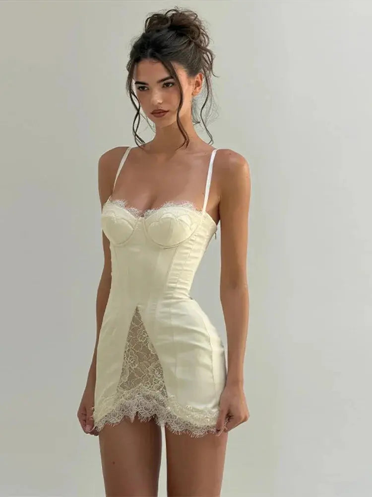 Women White Lace Trim Corset Mini Dress Sexy Sweetheart Neck Spaghetti Strap Slit Hem 2026 Summer Leisure Nightclub Party Wear SHOPEZRA L.L.C.