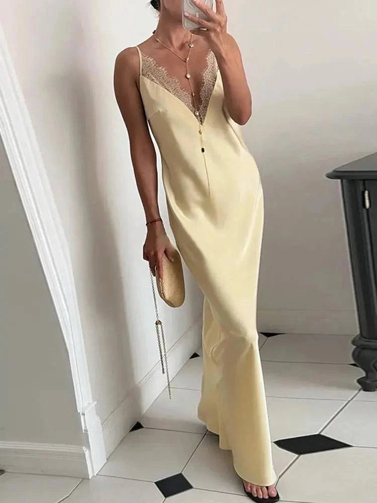 Elegant lace satin spliced women's summer sundress with V-neck, sleeveless, backless design, ideal for beach parties and casual wear.