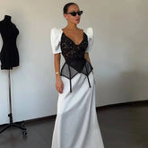 Lace Trim Satin Peplum Midi Dress Deep V-Neck Puff Sleeve A-Line 2026 Spring Summer Chic Elegant Romantic Women Cocktail Dress SHOPEZRA L.L.C.