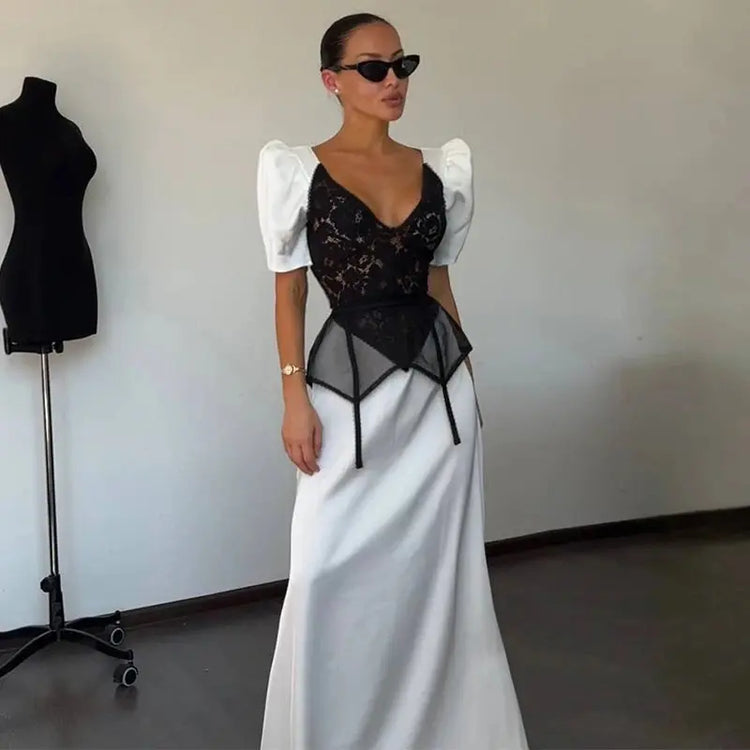Lace Trim Satin Peplum Midi Dress Deep V-Neck Puff Sleeve A-Line 2026 Spring Summer Chic Elegant Romantic Women Cocktail Dress SHOPEZRA L.L.C.