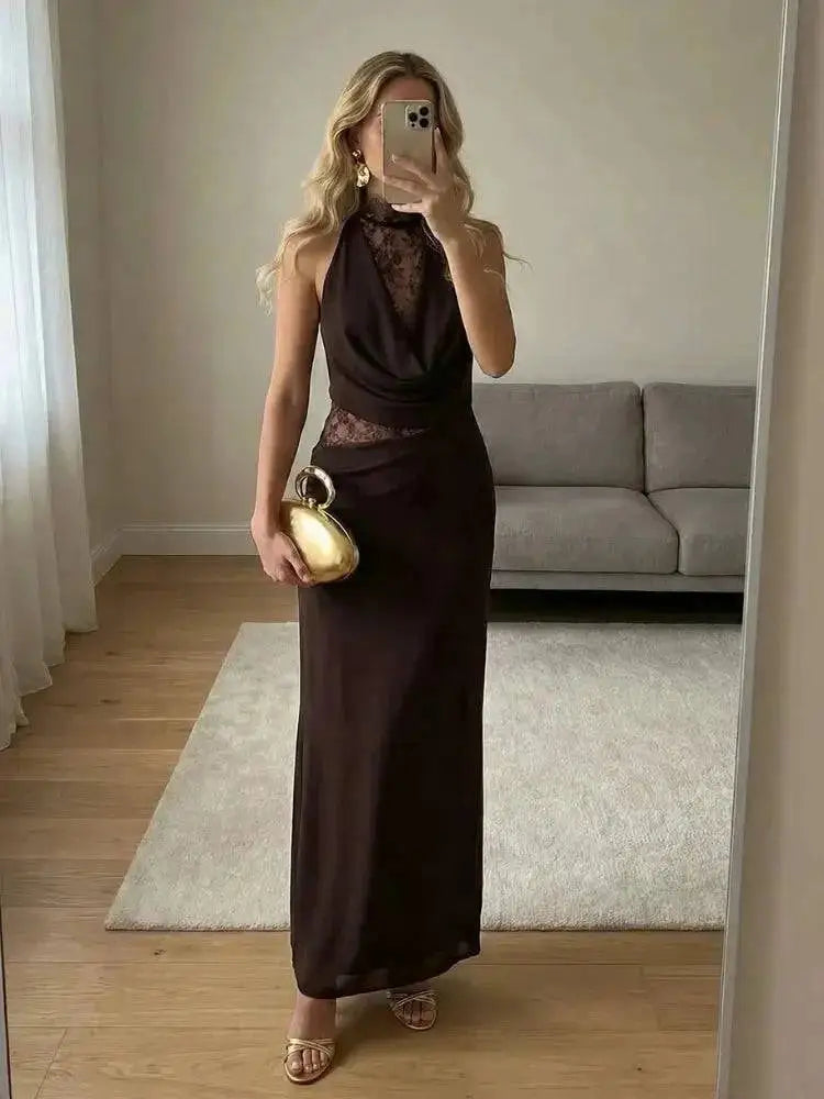 Women Lace Patchwork Sleeveless Pleated Dress Elegant Off-shoulder See Through Long Dresses 2026 Lady Evening Party Vestidos by Dropshipman
