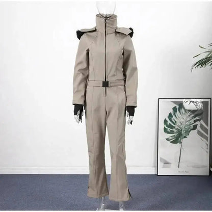 Women Fur Collar Hooded Skiwear Fashion Solid Thicken Zipper High Waist Slim Outdoor Overalls Jumpsuit Lady Winter Outwear by Dropshipman