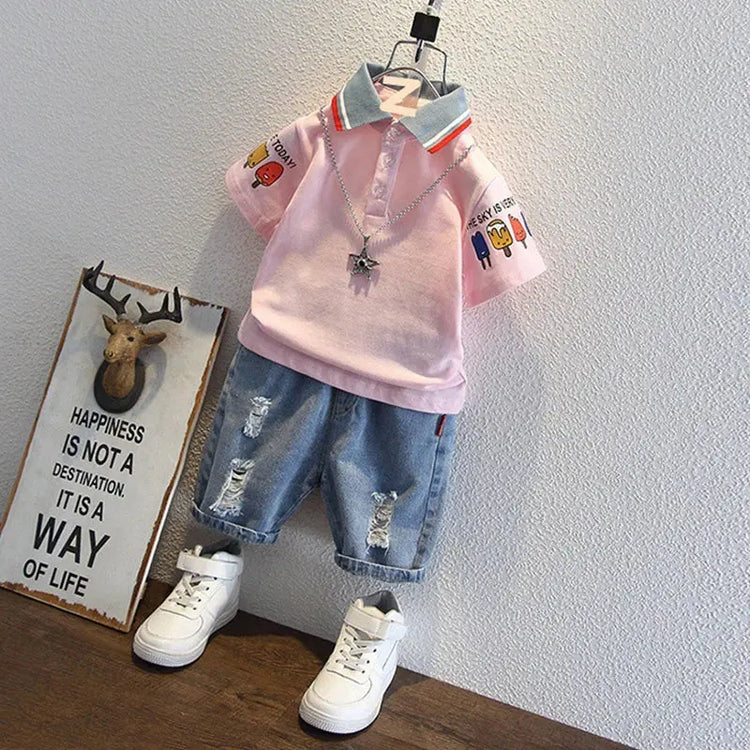 2-10 Years Kids Boys Clothes Set Summer Short Sleeve Cartoon Print Lapel T-shirt And Denim Shorts 2PCS Children Tracksuit Outfit SHOPEZRA L.L.C.