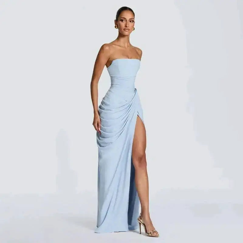 Elegant Solid Strapless Pleated Dress Women Chic Sleeveless Waist Cinching Split Maxi Vestidos 2026 Lady Evening Party Dresses by Dropshipman