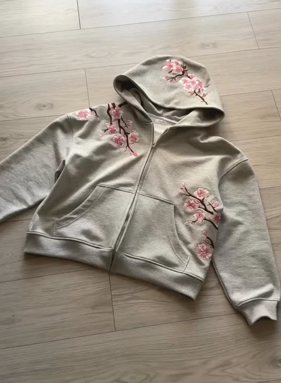 Y2K Vintage Oversized Kirschblüten-bestickte Kapuzenjacke Herren Damen Rosa Reißverschlussmantel Harajuku Hip Hop Grafik Streetwear