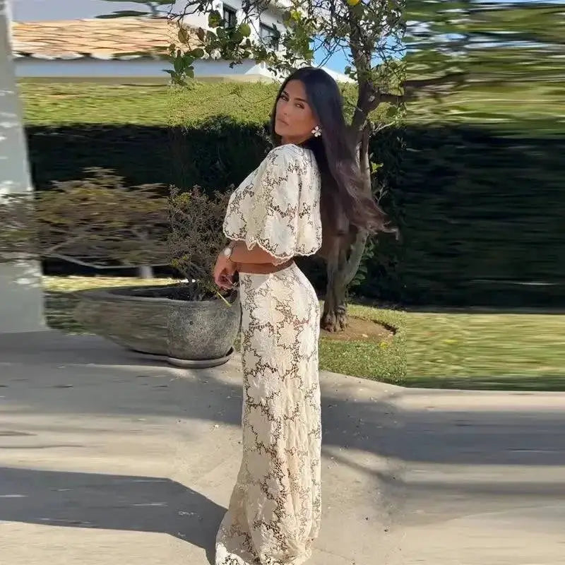 Flower Short Top Long Half Skirt Lady Set Round Neck Short Sleeve Tops High Waist Slim Maxi Skirts Sexy Fashion Women&