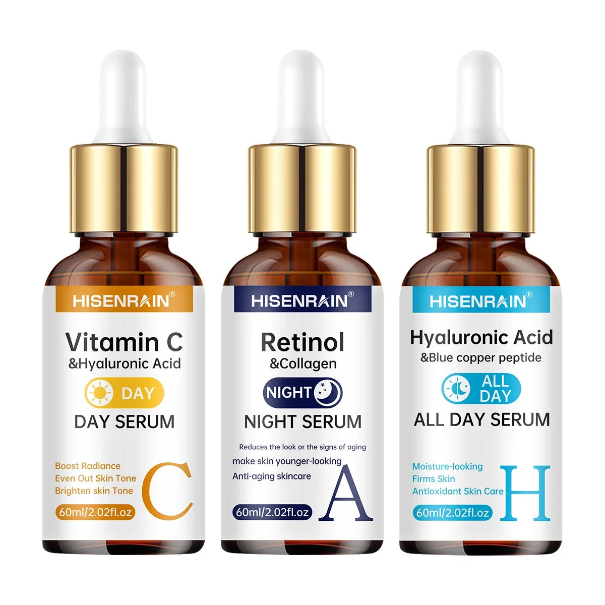 HISENRAIN Vitamin C + Retinol + Hyaluronic Acid Serum Duo | Anti-Aging Brightening &amp; Hydration Combo | For All Skin Type.
