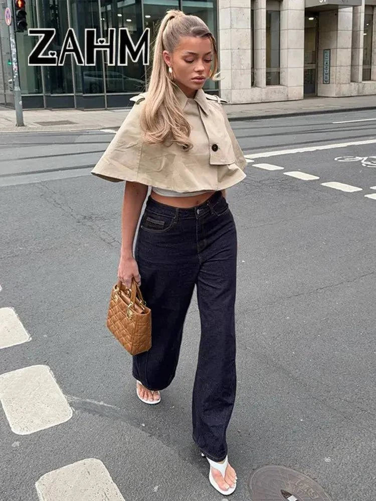 Casual solid women's crop top by SHOPEZRA L.L.C., featuring a cope turn-down collar and double buttons, perfect for spring and summer.