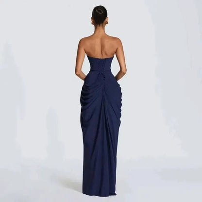Elegant Solid Strapless Pleated Dress Women Chic Sleeveless Waist Cinching Split Maxi Vestidos 2026 Lady Evening Party Dresses by Dropshipman
