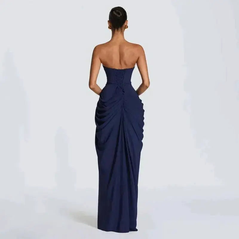 Elegant Solid Strapless Pleated Dress Women Chic Sleeveless Waist Cinching Split Maxi Vestidos 2026 Lady Evening Party Dresses by Dropshipman