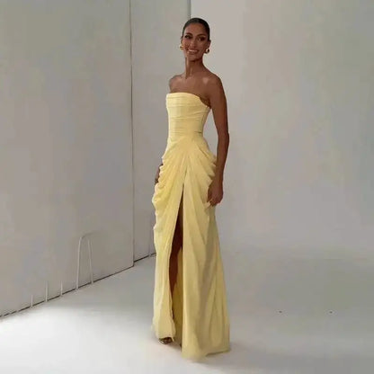 Elegant Solid Strapless Pleated Dress Women Chic Sleeveless Waist Cinching Split Maxi Vestidos 2026 Lady Evening Party Dresses by Dropshipman