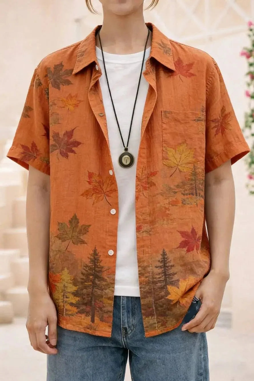 Men's summer linen short sleeve shirt with ocean octopus 3D print, perfect for Hawaiian vacations and outdoor fishing.
