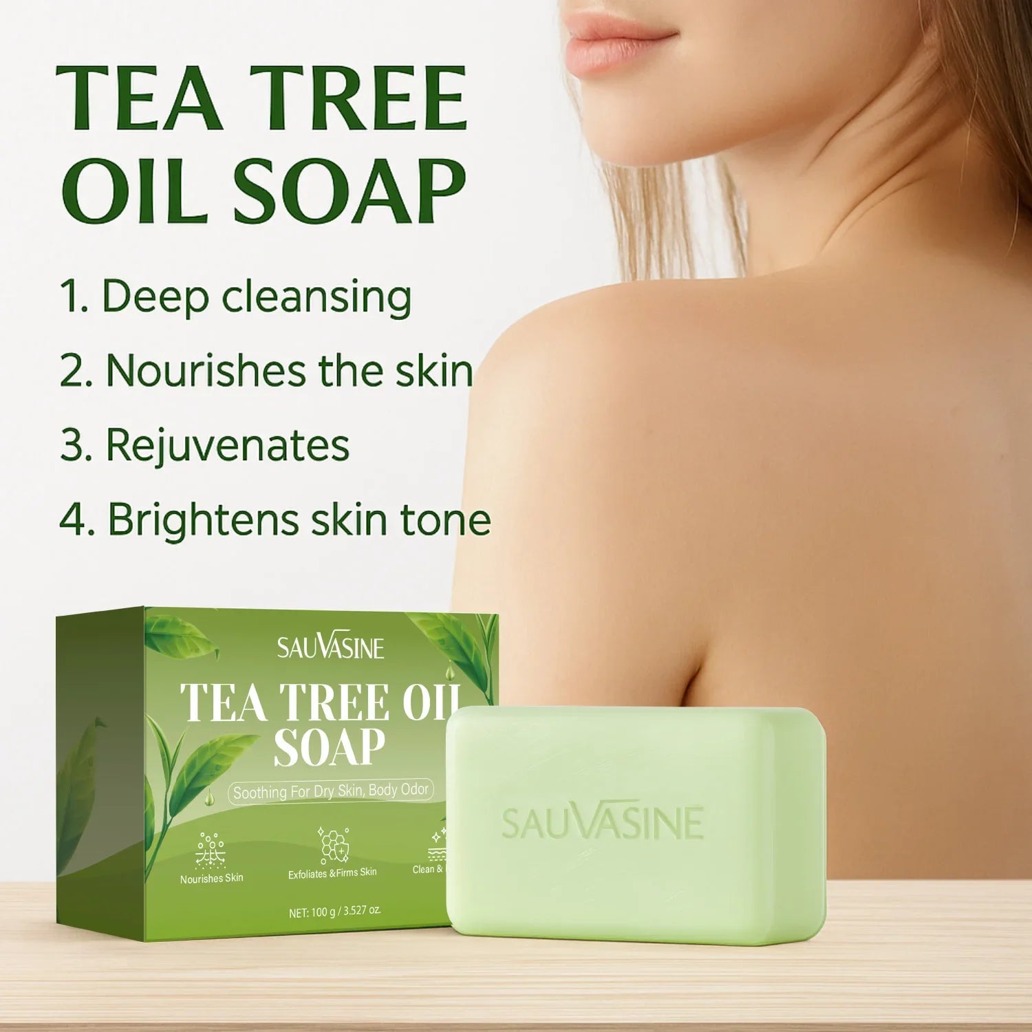 Tea Tree Oil Soap Bar for Men &amp; Women, Deep Cleansing, Soothing for Dry Skin, Body Odor Care, Exfoliates &amp; Firms Skin, 100g