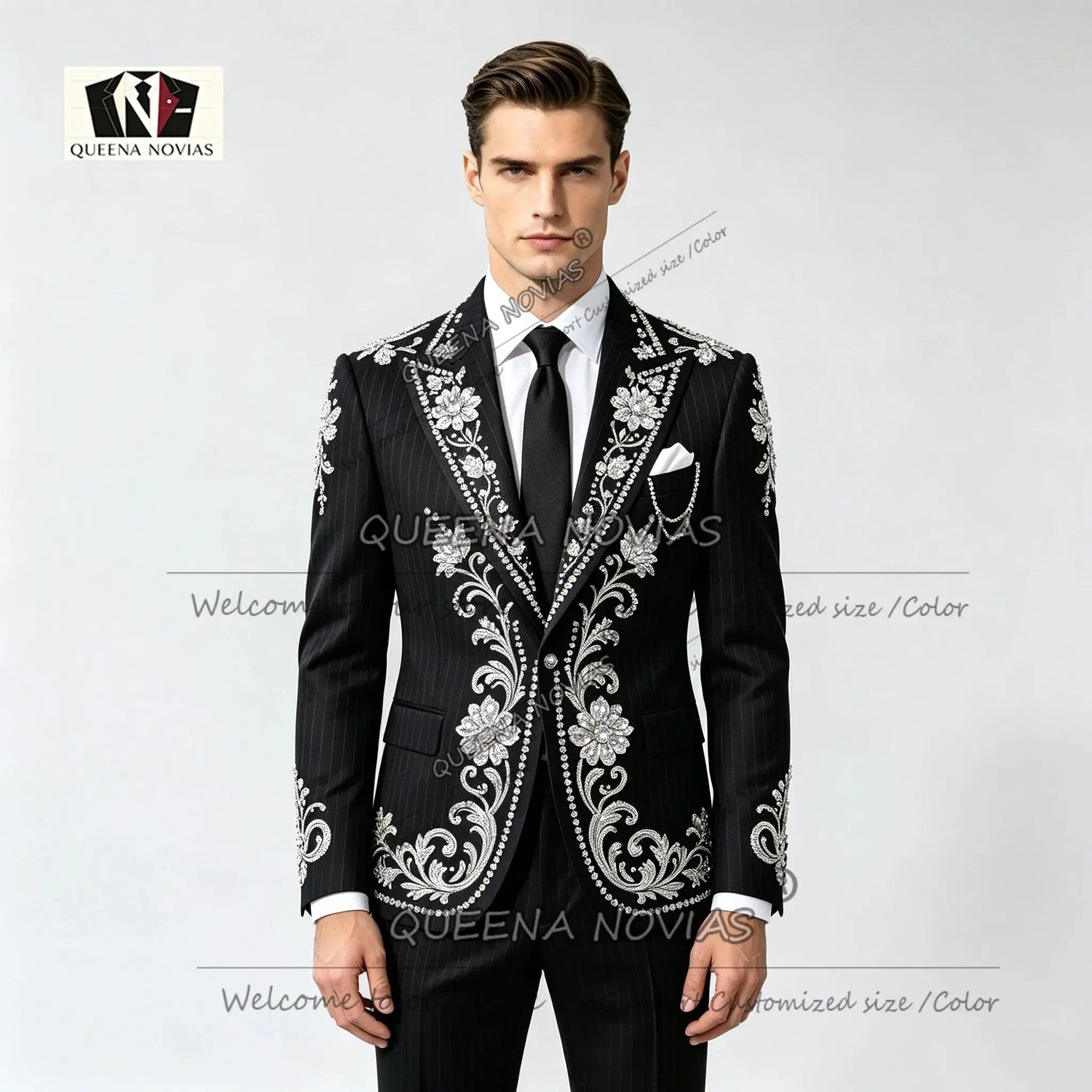 Striped Suits Men For Wedding Customzied Heavy Rhinestone Beadwork Jacket Pants 2 Pieces Sets Groom Tuxedo Attires Ropa Hombre SHOPEZRA L.L.C.