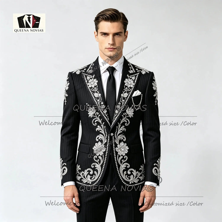 Striped Suits Men For Wedding Customzied Heavy Rhinestone Beadwork Jacket Pants 2 Pieces Sets Groom Tuxedo Attires Ropa Hombre SHOPEZRA L.L.C.