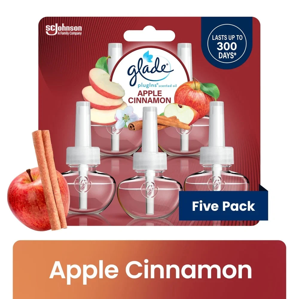 Apple Cinnamon PlugIns Scented Oil Refills 5 Pack Air Freshener Essential Oil Infused Wall Plug In Home Fragrance 60 Days
