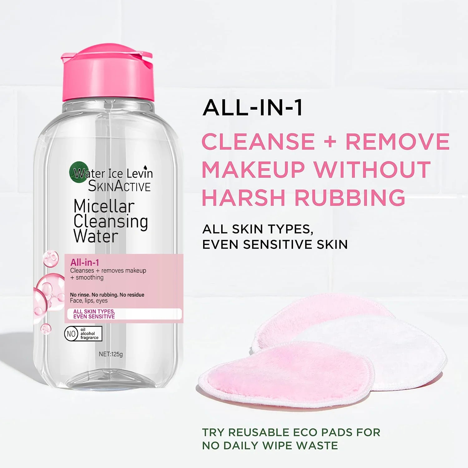 Water Ice Levin Micellar Water: All-in-1 Cleanser &amp; Makeup Remover. No Rinse, No Rub, For Sensitive Skin. 125g.