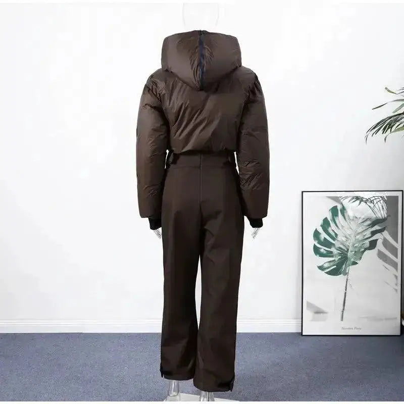 Women Fur Collar Hooded Skiwear Fashion Solid Thicken Zipper High Waist Slim Outdoor Overalls Jumpsuit Lady Winter Outwear by Dropshipman