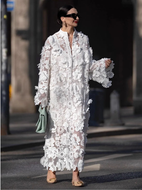 Damen 3D Blumenapplikation Häkelspitze Midikleid Stehkragen Langarm Oversize für Urlaubsbrunch Hochzeit