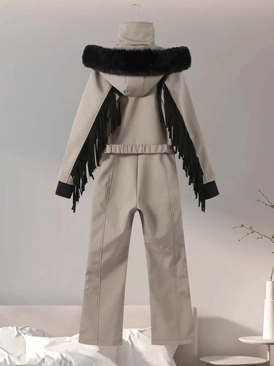 Damen Pelzkragen Kapuze Skianzug Mode Einfarbig Dick Reißverschluss Hohe Taille Slim Outdoor Overall Jumpsuit Damen Winter Oberbekleidung