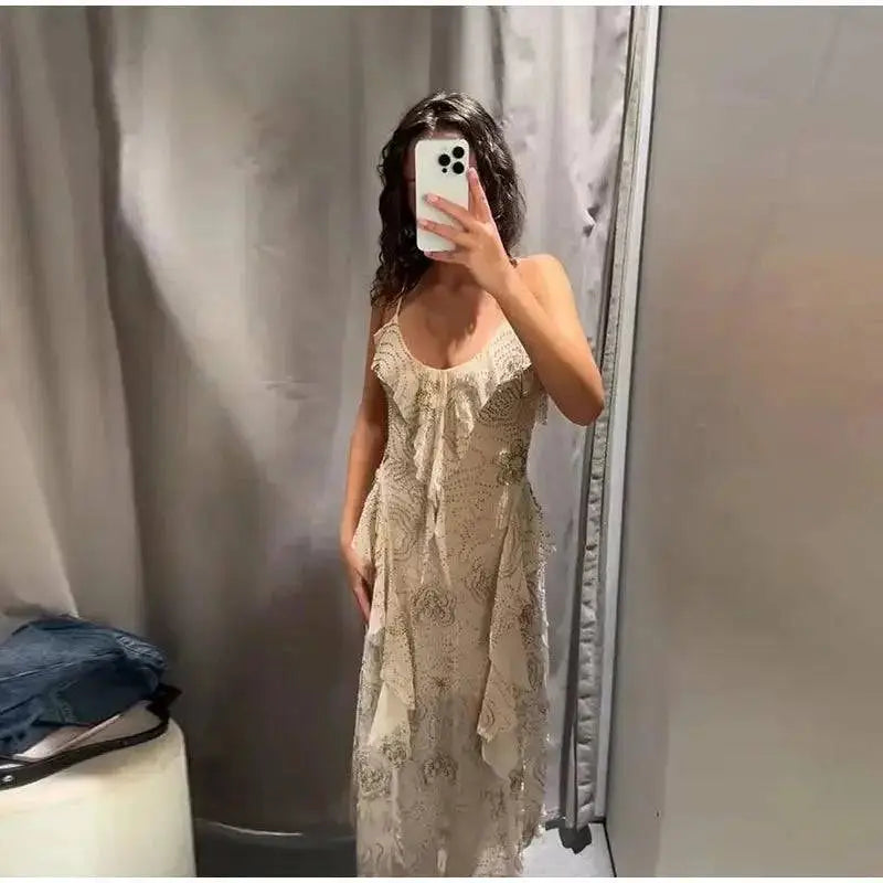 Bead Embroidery Sequin Ruffle Women Dress Sleeveless Backless Strap Sexy Evening Dresses 2025 Summer Party Holiday Street Robe by Dropshipman