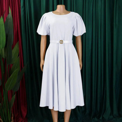 Elegant Office Dress for Women Professional O Neck Short Sleeve Belt Waisted A Line Mid Calf Formal Business Work Dress Midi New by Dropshipman
