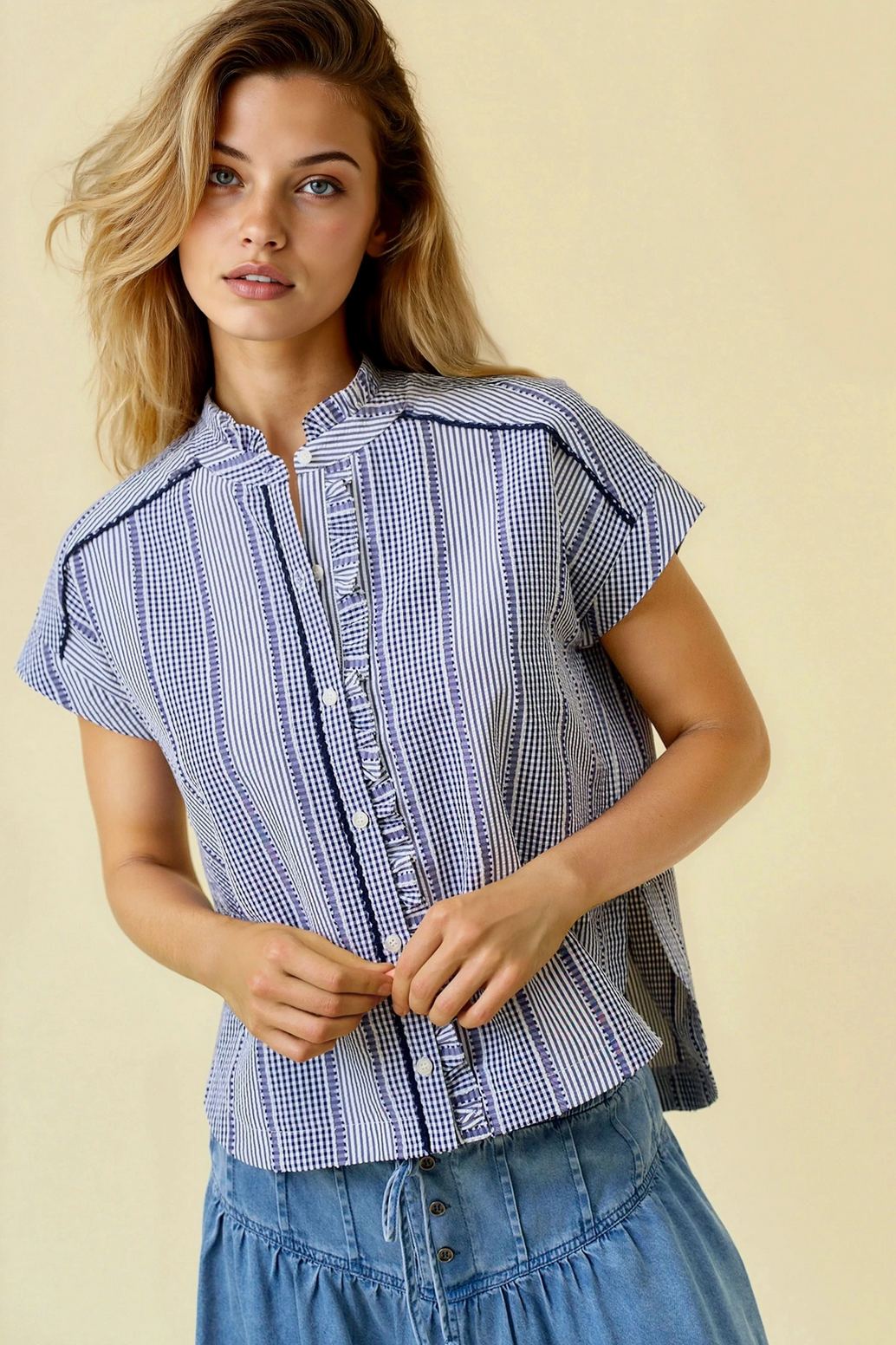 Stripe &amp; Gingham Button Down Detail Top