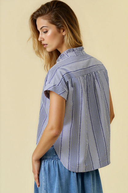 Stripe &amp; Gingham Button Down Detail Top