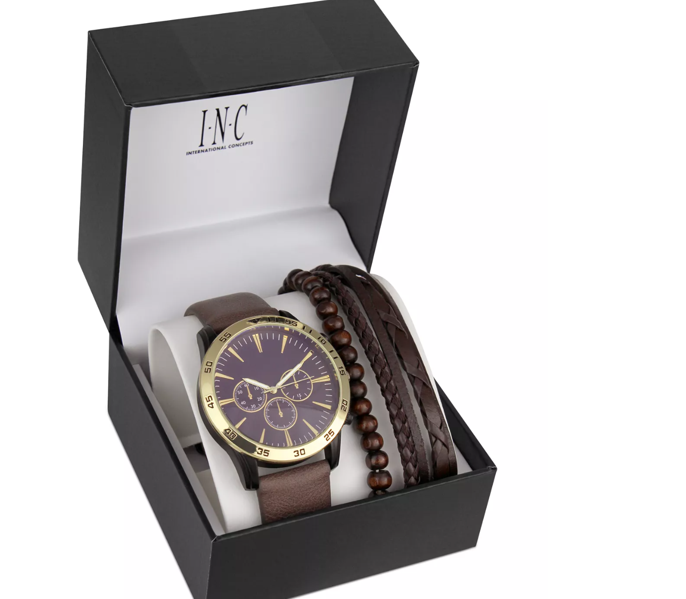 INC Brown Faux-Leather Strap Watch 48mm &amp; 3-Pc. Bracelet Set