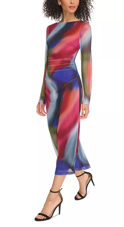 Vince Camuto Womens Printed Mesh Ruched Bodycon Dress, Size 10