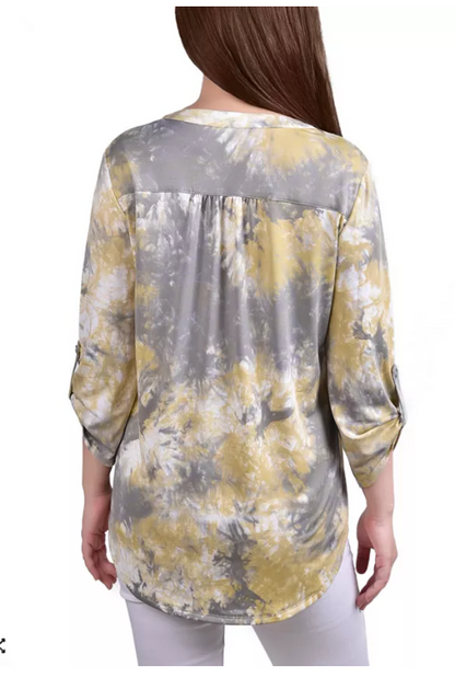 NY Collection Womens 3/4 Roll Tab Sleeve Y-neck Top