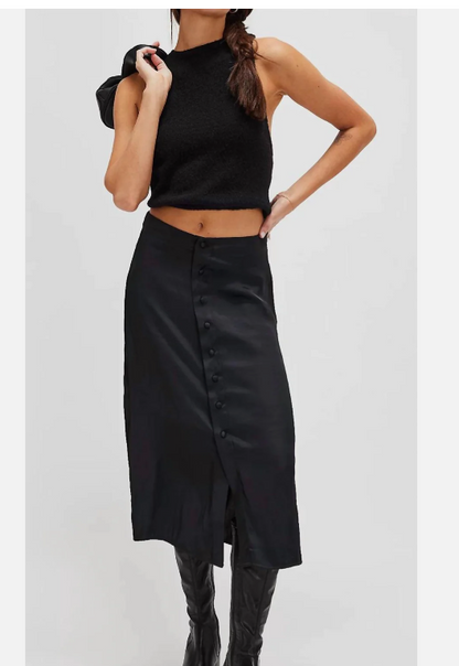 FFREE PEOPLE Analise Button Front Satin Midi Skirt In Black, Size 8
