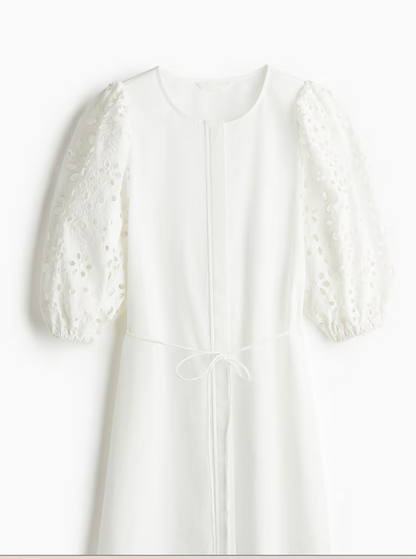 HandM Dress with Eyelet-Embroidered Sleeves, Medium