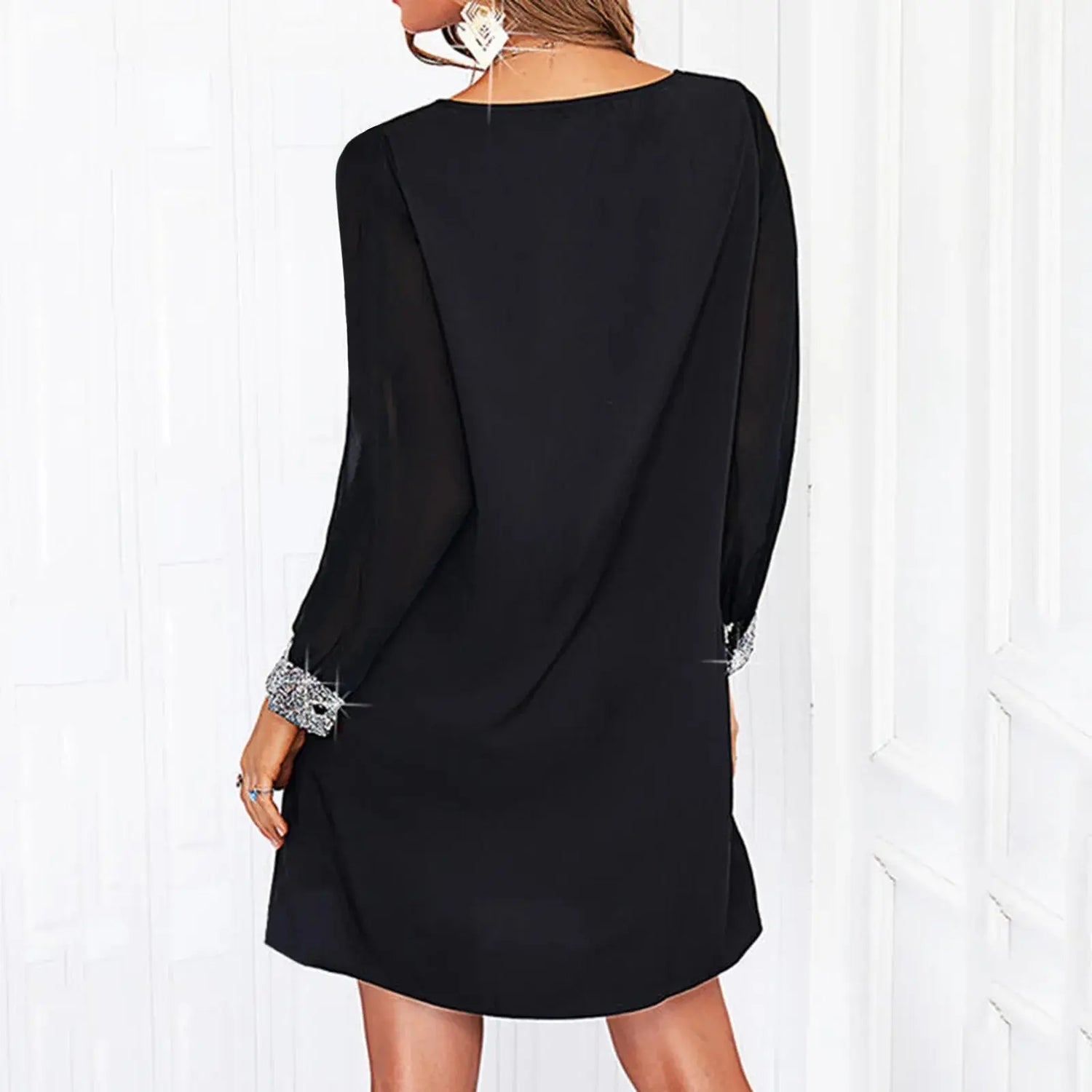 Dresses For Women 2025 Elegant Shiny Mesh Stitching Long Sleeve Robe Solid Color V Neck Mini Dress Evening Party Dresses Vestido SHOPEZRA L.L.C.