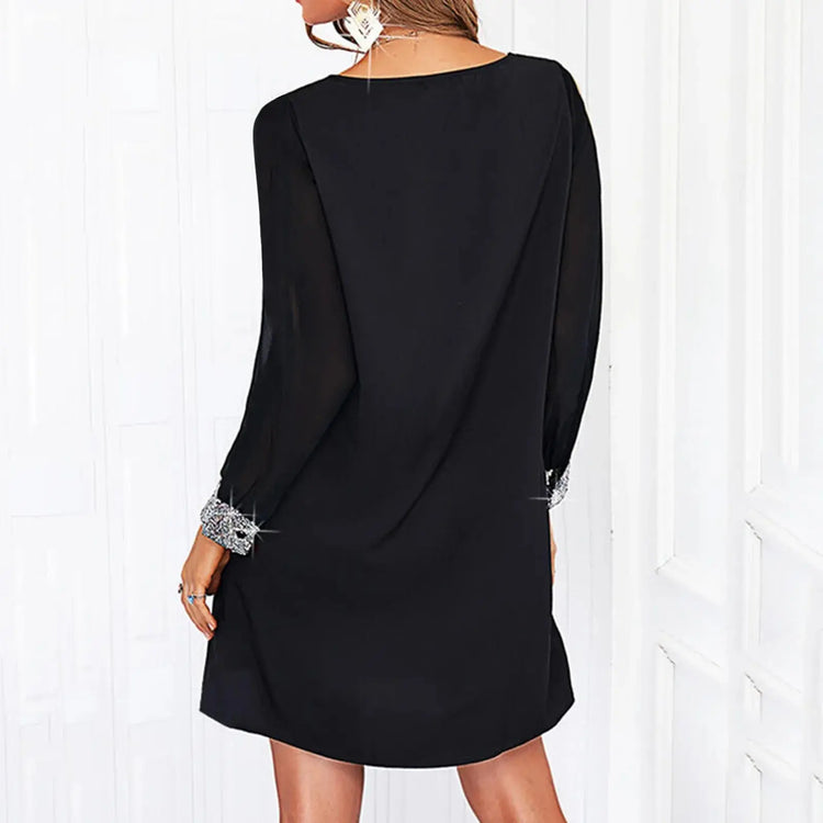 Dresses For Women 2025 Elegant Shiny Mesh Stitching Long Sleeve Robe Solid Color V Neck Mini Dress Evening Party Dresses Vestido SHOPEZRA L.L.C.