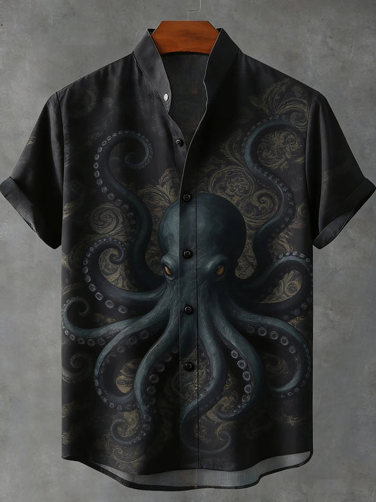Herren Sommer Retro Leinen Kurzarmhemd Ozean Oktopus 3D Gedrucktes Hemd Hawaii Urlaub Outdoor Angelkleidung für Herren