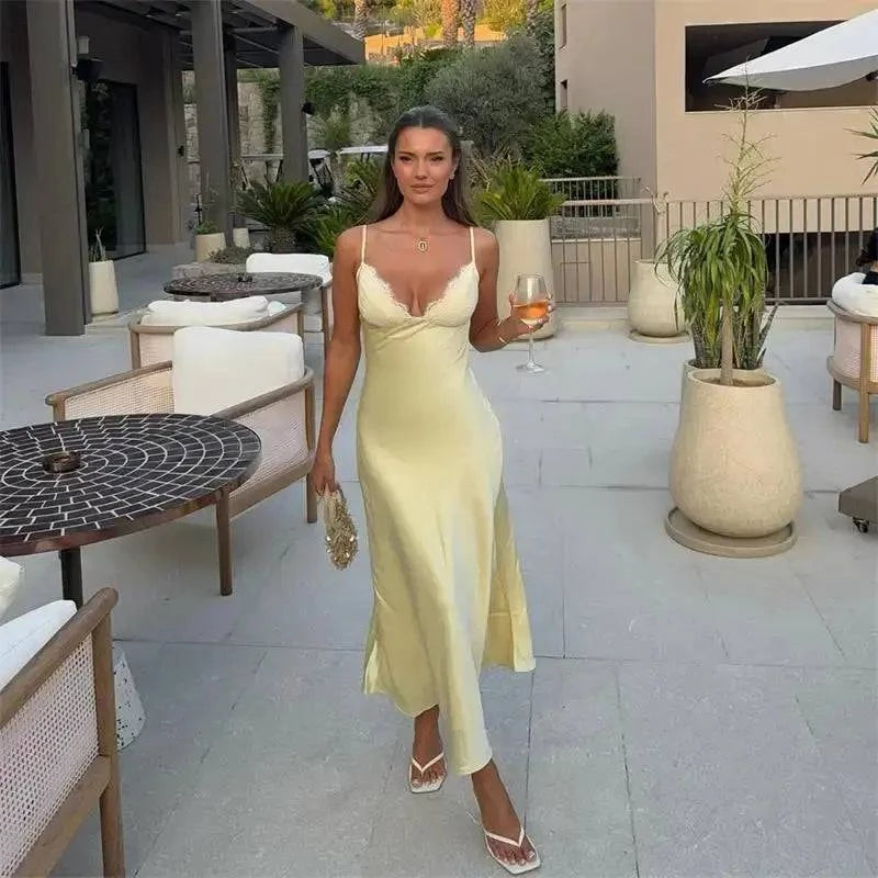 Elegant lace and satin spliced women's summer sundress with V-neck, sleeveless, backless design, perfect for beach parties.