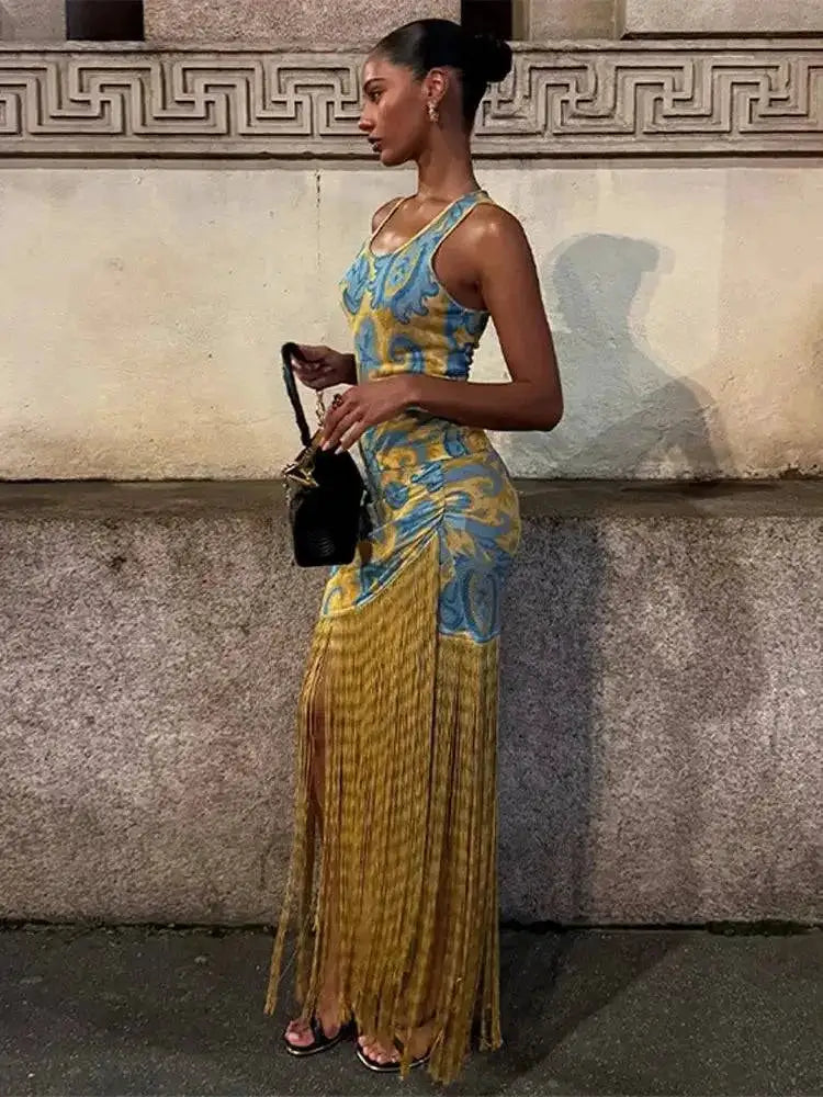 Tassel Hemline Printed Halter Dress Sleeveless Suspender Pleats Waist Cinched Slimming Sexy Robes Fringed Women Long Dresses New by Dropshipman
