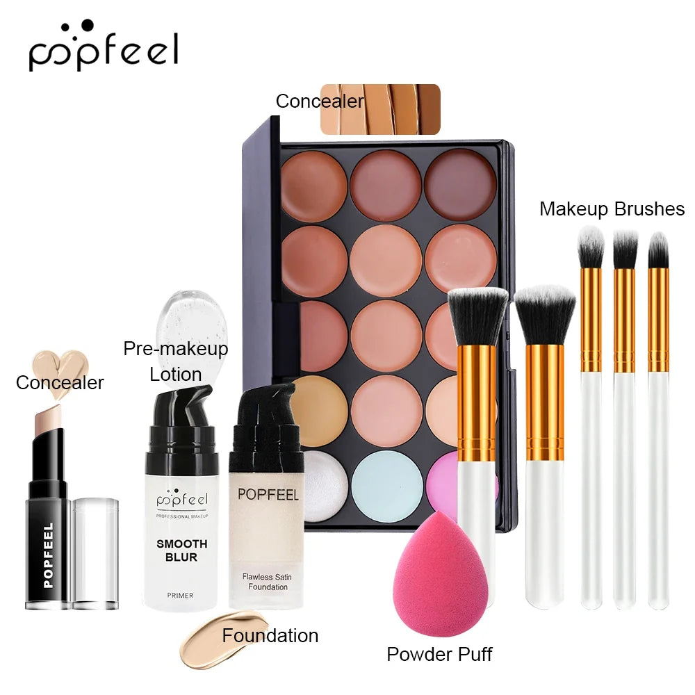 POPFEEL 10-Piece Face Makeup Set - Beginner-Friendly Foundation, Concealer &amp; Brush Combo - Complete Face Makeup Kit for Flawless