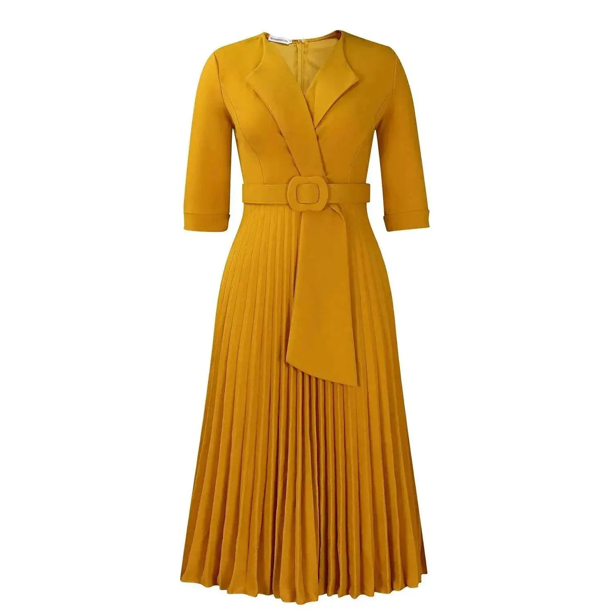 Elegant Office Ladies Dresses 2024 Autumn Fall Notched Collar Half Sleeve Belt Waisted Mid Calf Female Birthday Party Dress Midi by Dropshipman