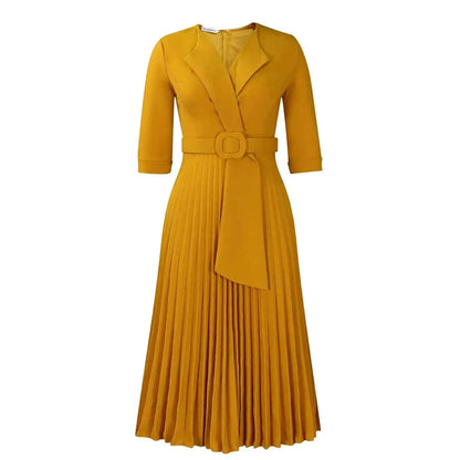 Elegant Office Ladies Dresses 2024 Autumn Fall Notched Collar Half Sleeve Belt Waisted Mid Calf Female Birthday Party Dress Midi by Dropshipman