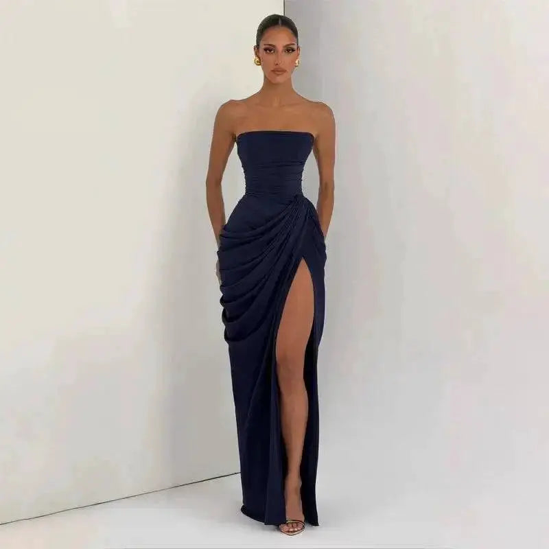 Elegant Solid Strapless Pleated Dress Women Chic Sleeveless Waist Cinching Split Maxi Vestidos 2026 Lady Evening Party Dresses by Dropshipman