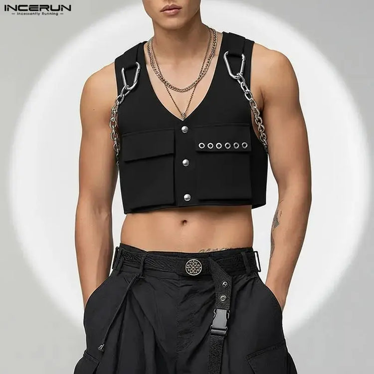 INCERUN Men Vests Solid Color Chain Decoration V Neck Sleeveless Crop Tops Men Streetwear Fashion Casual Male Waistcoats S-3XL SHOPEZRA L.L.C.