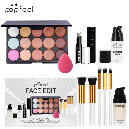 POPFEEL 10-Piece Face Makeup Set - Beginner-Friendly Foundation, Concealer &amp; Brush Combo - Complete Face Makeup Kit for Flawless